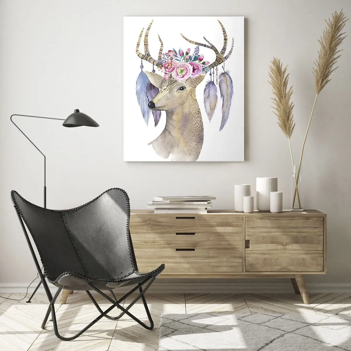 Obraz na szkle - Jeleń z kwiatowym wiankiem i piórami - 50x70cm - Przewodnik duszy - delikatny, niewinny - Nowoczesna dekoracja ścienna do salonu, kuchni i sypialni ARTTOR