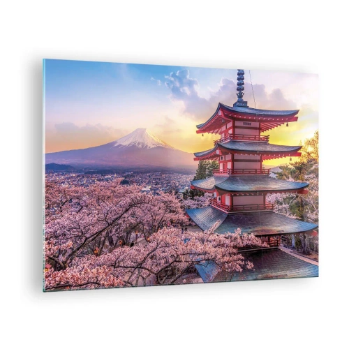 Obraz na szkle - Pagoda w japońskim krajobrazie z widokiem na górę Fuji i kwitnące drzewa - 70x50cm - Esencja japońskiego ducha - Nowoczesna dekoracja ścienna do salonu i sypialni ARTTOR