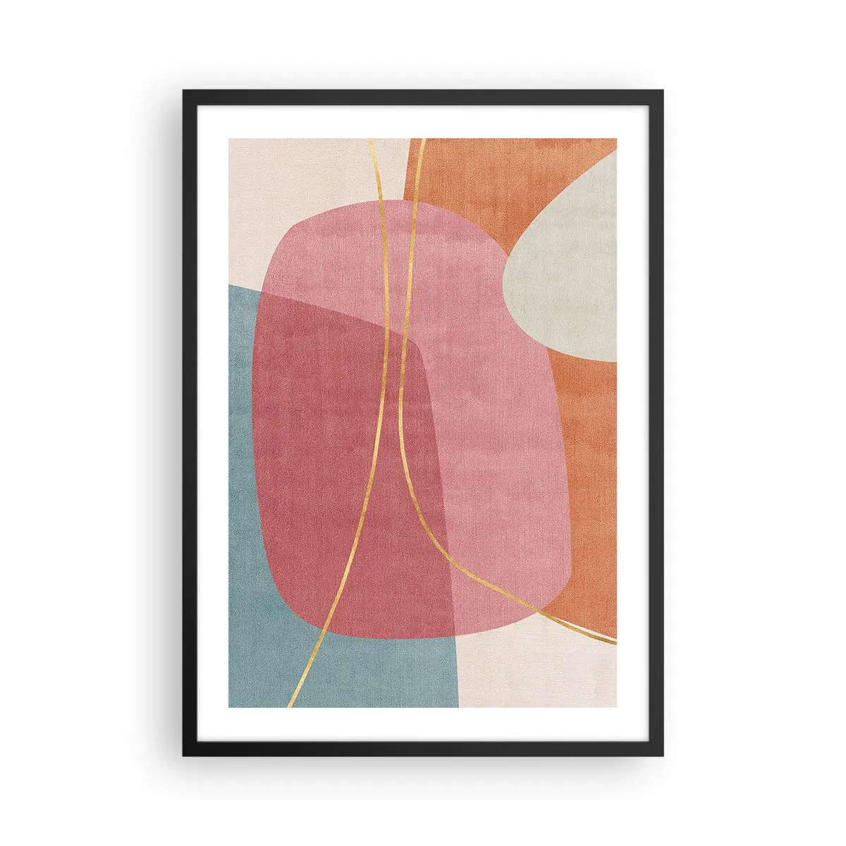 Plakat w czarnej ramie - Kolorowa abstrakcja z geometrycznymi kształtami i złotymi liniami - 50x70cm - Pastelowa kompozycja z nicią złota - Nowoczesna dekoracja ścienna do salonu i sypialni ARTTOR