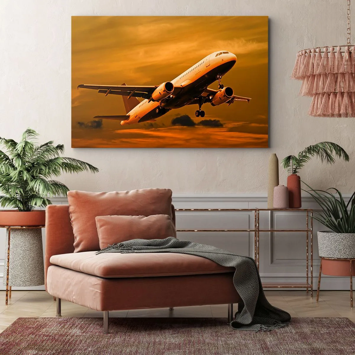 Obraz na płótnie - Samolot pasażerski startujący na tle złotego nieba o zachodzie słońca. - 70x50cm - Lot w stronę słońca - Nowoczesna dekoracja ścienna do salonu i sypialni ARTTOR