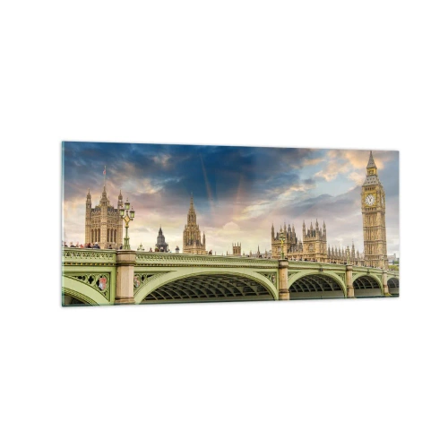 Obraz na szkle - Big Ben i Westminster Bridge na tle nieba o zmierzchu - 120x50cm - Czas stanął w Imperium - Nowoczesna dekoracja ścienna do salonu i sypialni ARTTOR