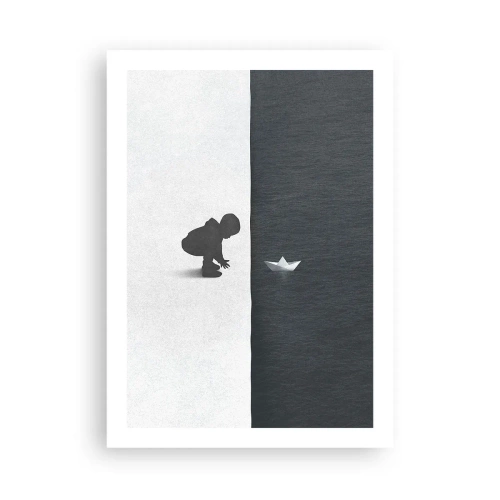 Plakat - Dziecko pochylone nad wodą z papierową łódką - 50x70cm - Wielka wyprawa - Nowoczesna dekoracja ścienna do salonu, kuchni i sypialni ARTTOR