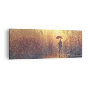 Obraz na płótnie - Postać z parasolem w mglistym krajobrazie pełnym refleksji - 140x50cm - Czuję, że ktoś na mnie patrzy - Nowoczesna dekoracja ścienna do salonu i sypialni ARTTOR