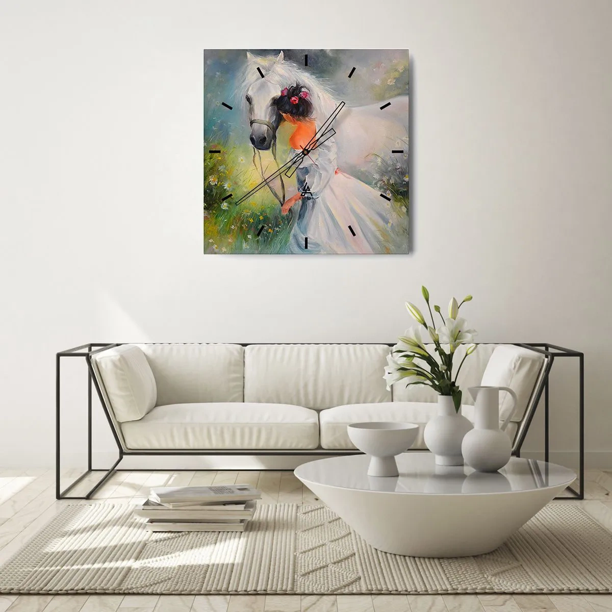 Zegar ścienny - Kobieta z białym koniem w malowniczej scenerii - 30x30cm - Jak z pięknego snu - Nowoczesna dekoracja ścienna do salonu i sypialni ARTTOR