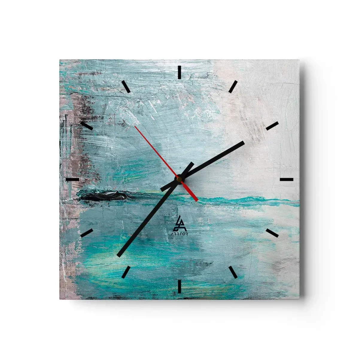 Zegar ścienny - Abstrakcja w odcieniach turkusu i szarości - 30x30cm - Horyzontalnie w błękicie - Nowoczesna dekoracja ścienna do salonu i sypialni ARTTOR