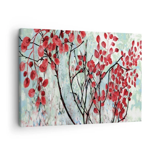Obraz na płótnie - Czerwone liście na tle jasnego nieba z abstrakcyjnymi wzorami - 70x50cm - Drzewo w szkarłacie - Nowoczesna dekoracja ścienna do salonu i sypialni ARTTOR