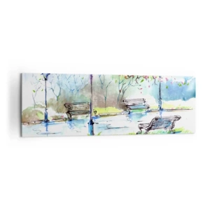 Obraz na płótnie - Akwarelowa scena parku z ławkami i lampami - 160x50cm - Czar parkowej ciszy - Nowoczesna dekoracja ścienna do salonu i sypialni ARTTOR