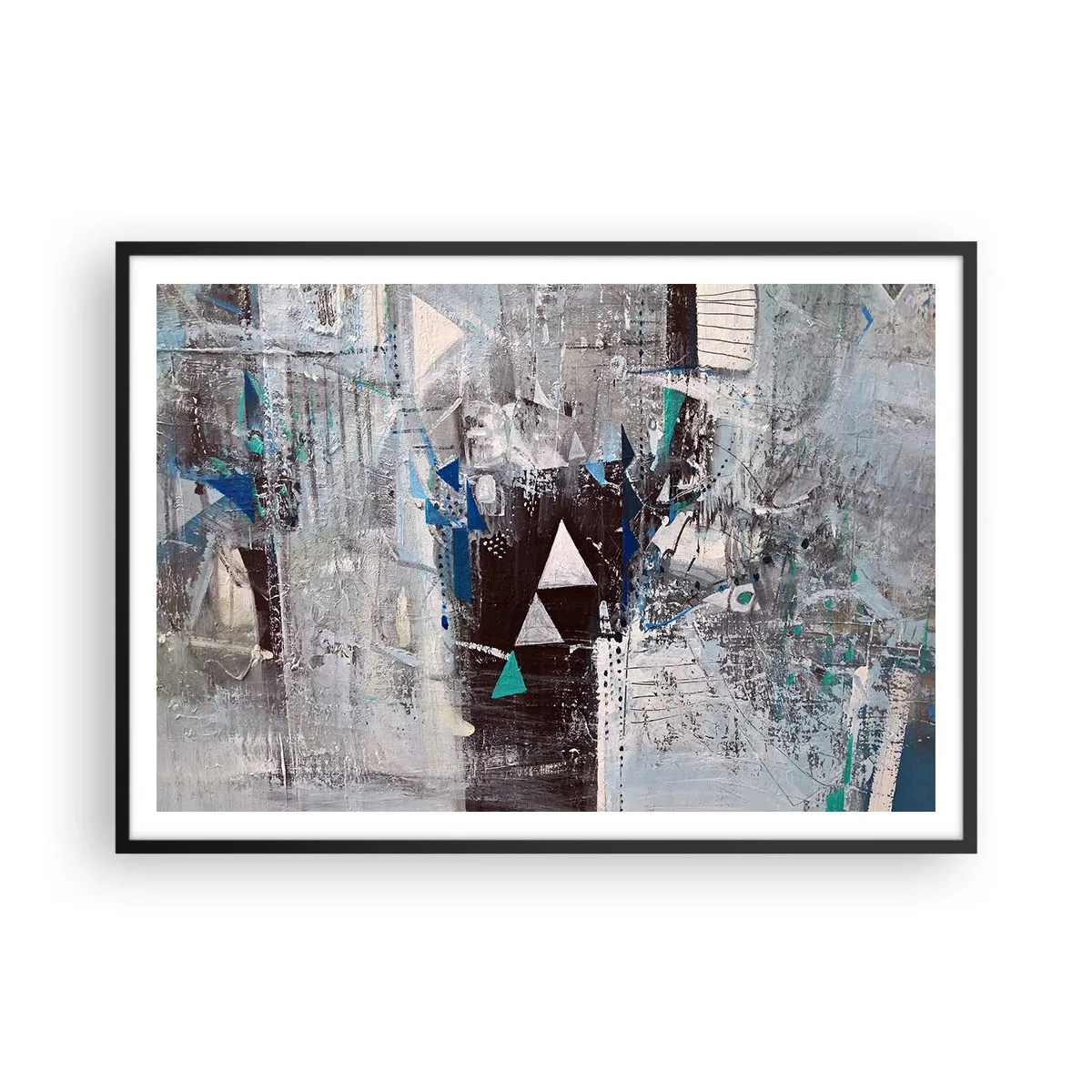 Plakat w czarnej ramie - Abstrakcyjna kompozycja z trójkątami i geometrycznymi wzorami - 100x70cm - Nadrzędny porządek trójkątów - Nowoczesna dekoracja ścienna do salonu i sypialni ARTTOR