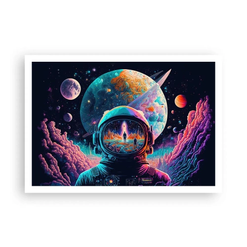 Plakat - Astronauta w kosmosie z kolorowym pejzażem planetarnym - 100x70cm - Filozofom się nie śniło - Nowoczesna dekoracja ścienna do salonu i sypialni ARTTOR