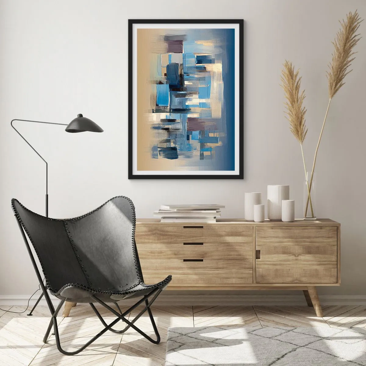 Plakat w czarnej ramie - Abstrakcyjna kompozycja geometryczna w odcieniach niebieskiego - 50x70cm - Błękitna konstrukcja - Nowoczesna dekoracja ścienna do salonu i sypialni ARTTOR