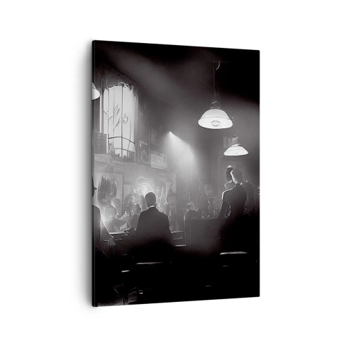 Obraz na płótnie - Czarno-biała scena jazzowa w klimatycznym barze z muzykami i publicznością - 50x70cm - W jazzowym klimacie - Nowoczesna dekoracja ścienna do salonu, kuchni i sypialni ARTTOR