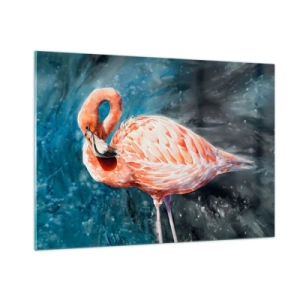 Obraz na szkle - Różowy flaming na tle akwarelowej kompozycji w odcieniach niebieskiego - 100x70cm - Dekoracyjny z natury - Nowoczesna dekoracja ścienna do salonu, kuchni i sypialni ARTTOR