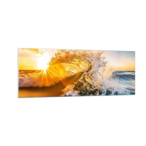 Obraz na szkle - Złota fala na tle zachodzącego słońca - 140x50cm - Zabawa na piasku - Nowoczesna dekoracja ścienna do salonu i sypialni ARTTOR