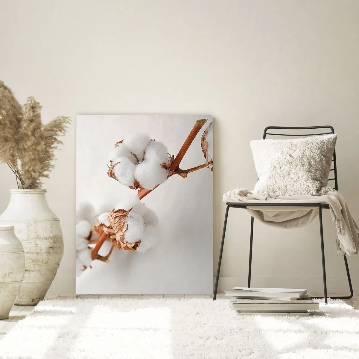 Obraz na szkle - Zbliżenie na gałązkę bawełny na jasnym tle - 50x70cm - Tylko tulić - Nowoczesna dekoracja ścienna do salonu, kuchni i sypialni ARTTOR