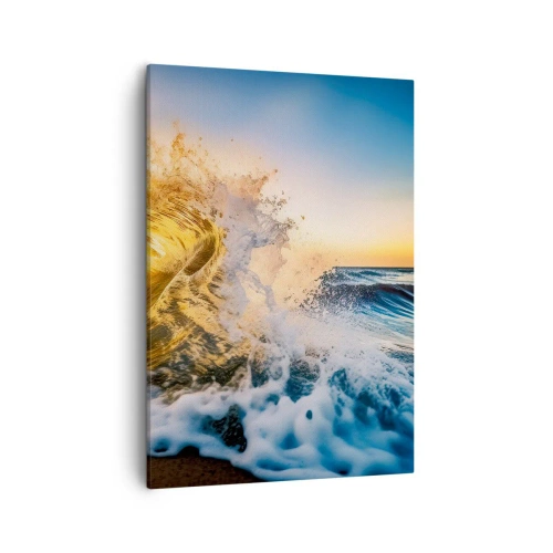 Obraz na płótnie - Dynamiczna fala rozbijająca się o brzeg o zachodzie słońca - 50x70cm - Zabawa na piasku - Nowoczesna dekoracja ścienna do salonu, kuchni i sypialni ARTTOR