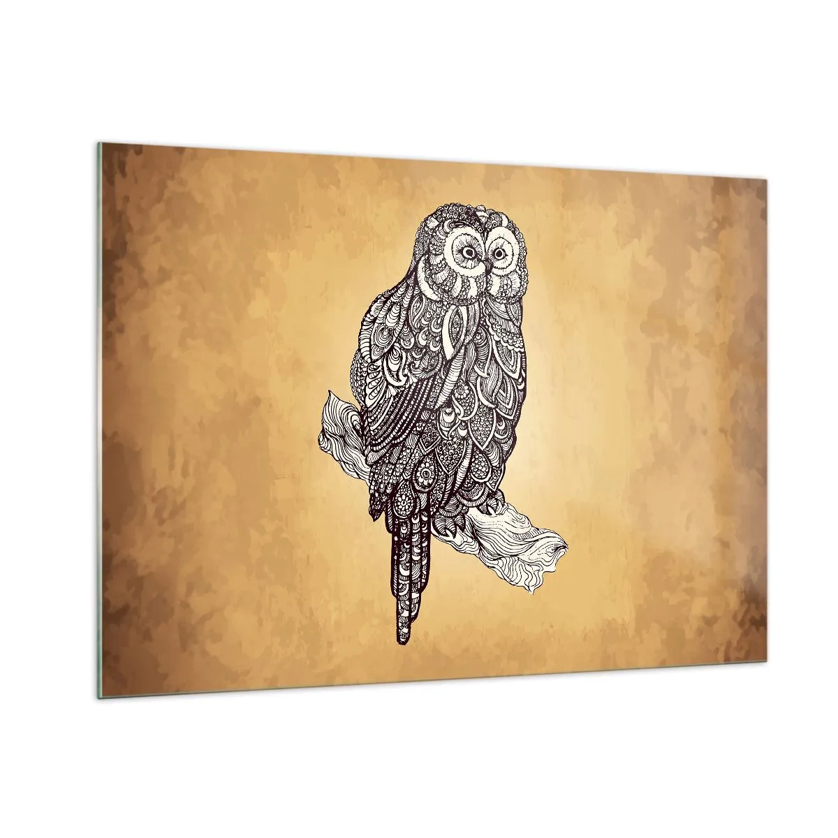 Obraz na szkle - Sowa w ornamentowym stylu na tle w kolorze sepii - 100x70cm - Misterne ornamenty mądrości - Nowoczesna dekoracja ścienna do salonu, kuchni i sypialni ARTTOR