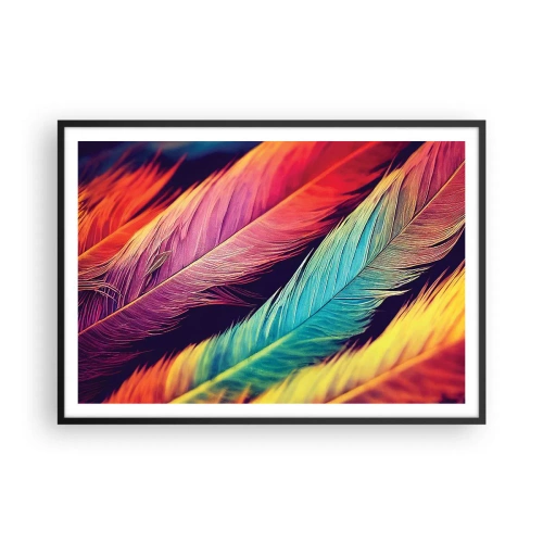 Plakat w czarnej ramie - Kolorowe pióra w intensywnych barwach - 100x70cm - Pierzasta tęcza - Nowoczesna dekoracja ścienna do salonu i sypialni ARTTOR
