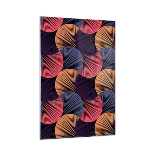 Obraz na szkle - Geometryczne kręgi w odcieniach różu, fioletu i złota - 70x100cm - W kolistym rytmie - Nowoczesna dekoracja ścienna do salonu i sypialni ARTTOR
