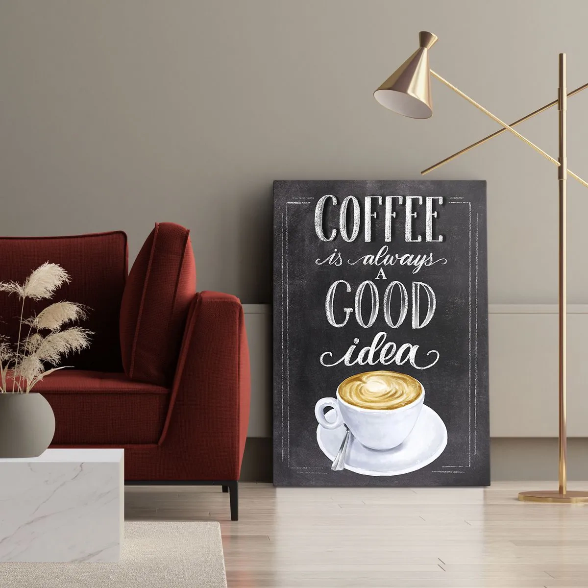 Obraz na płótnie - Tablicowa grafika z napisem 'Coffee is always a good idea' i filiżanką kawy - 50x70cm - Of course! - Nowoczesna dekoracja ścienna do salonu, kuchni i sypialni ARTTOR
