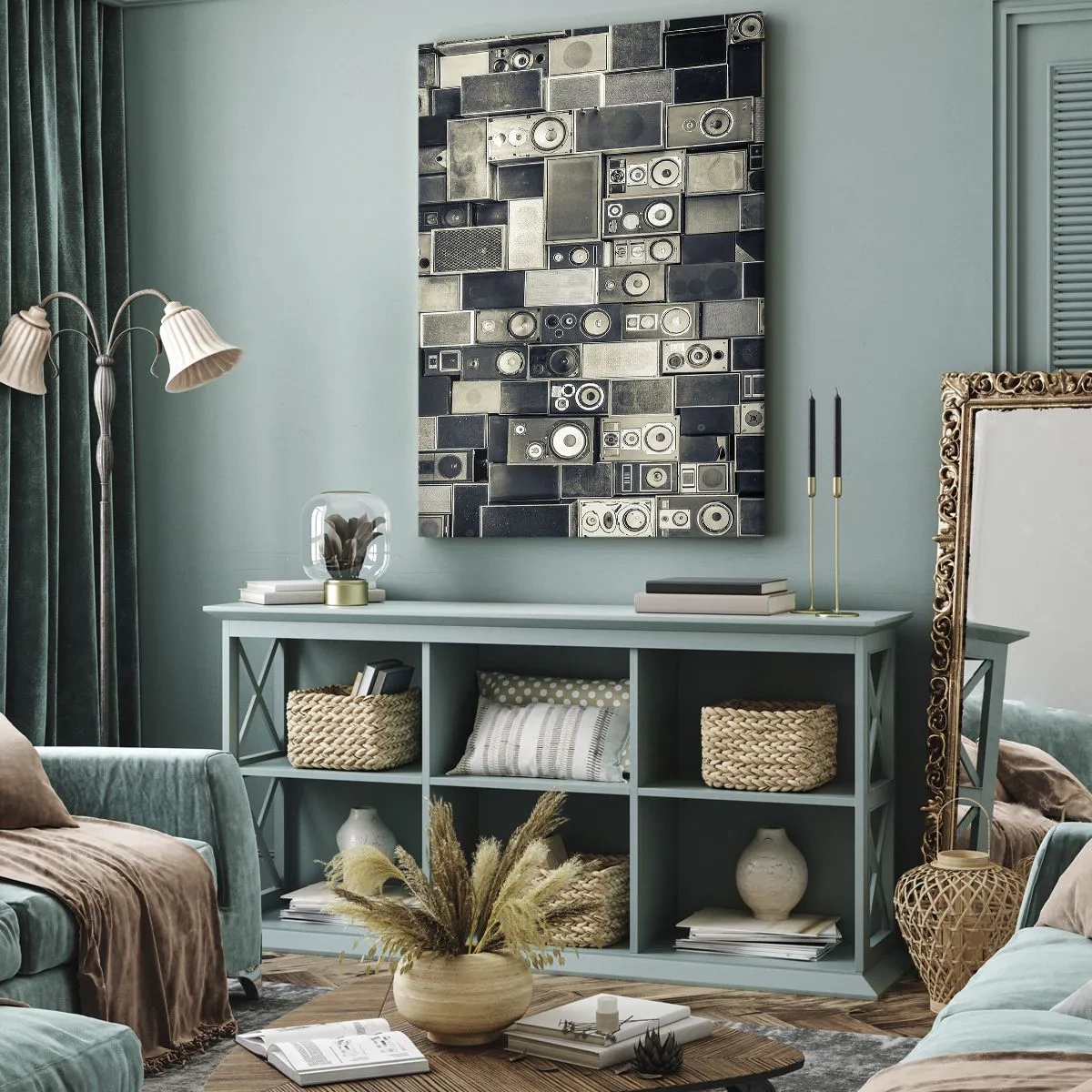 Obraz na płótnie - Kompozycja vintage głośników w odcieniach szarości - 50x70cm - I wszystko gra - Nowoczesna dekoracja ścienna do salonu, kuchni i sypialni ARTTOR