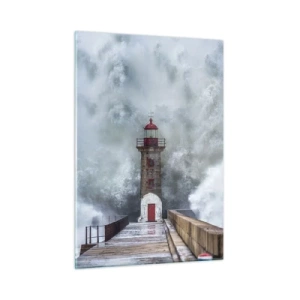 Obraz na szkle - Latarnia morska uderzana przez potężną falę - 50x70cm - Ryk wód, szum zawiei - Nowoczesna dekoracja ścienna do salonu, kuchni i sypialni ARTTOR