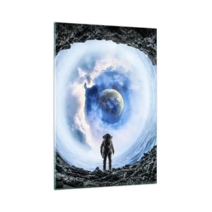 Obraz na szkle - Astronauta na tle kosmicznego pejzażu z Ziemią - 80x120cm - Już niedaleko do domu - Nowoczesna dekoracja ścienna do salonu i sypialni ARTTOR