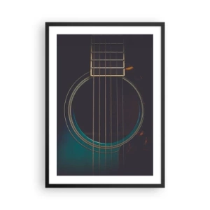 Plakat w czarnej ramie - Artystyczne zbliżenie na pudło rezonansowe gitary akustycznej - 50x70cm - Chwila zanim zabrzmi - Nowoczesna dekoracja ścienna do salonu i sypialni ARTTOR
