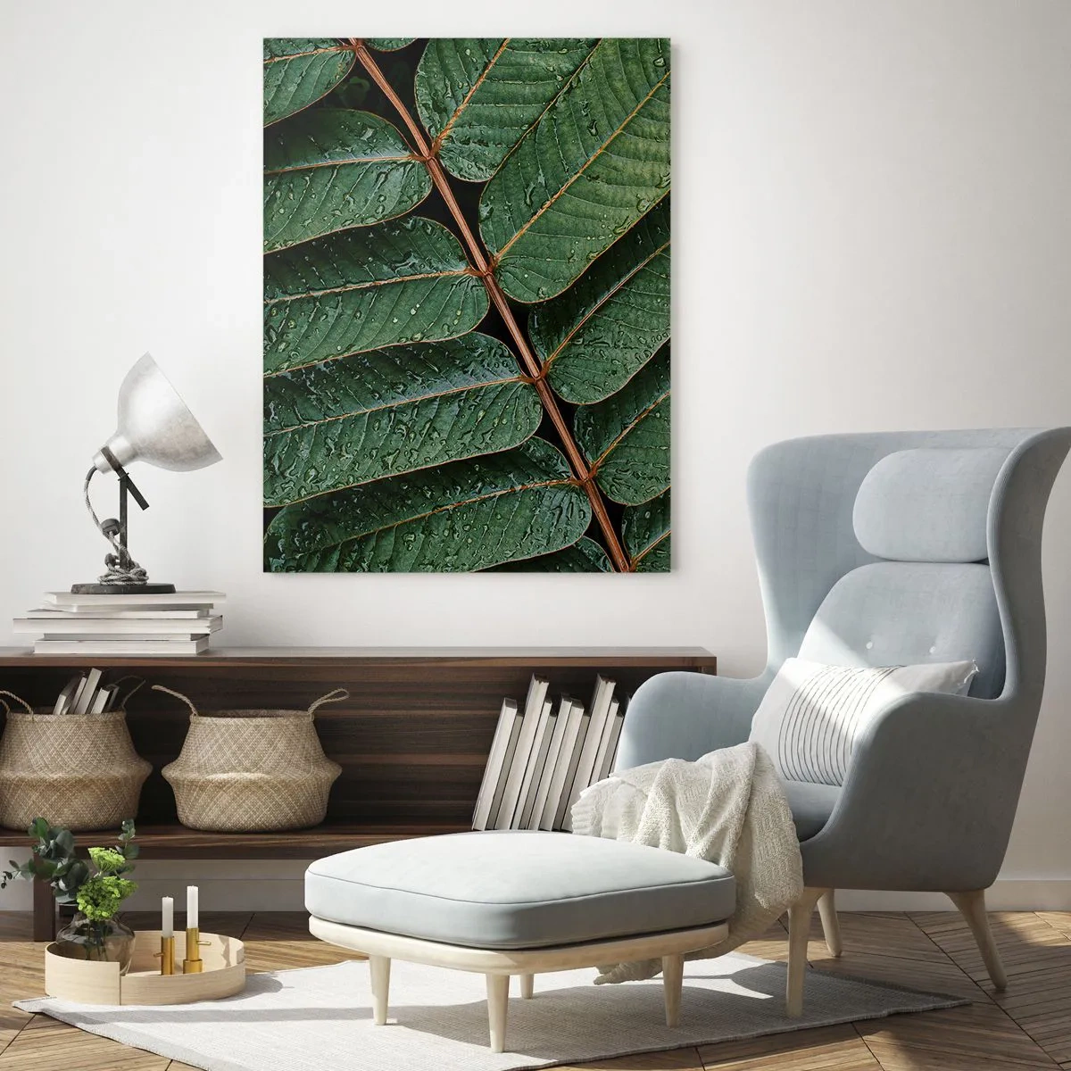 Obraz na szkle - Zbliżenie na zielone liście z kroplami wody - 50x70cm - W zielonym rytmie - Nowoczesna dekoracja ścienna do salonu, kuchni i sypialni ARTTOR