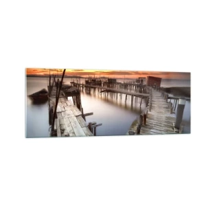 Obraz na szkle - Drewniane pomosty na spokojnej wodzie o zachodzie słońca - 140x50cm - Autentyk, nie turystyczna atrapa - Nowoczesna dekoracja ścienna do salonu i sypialni ARTTOR