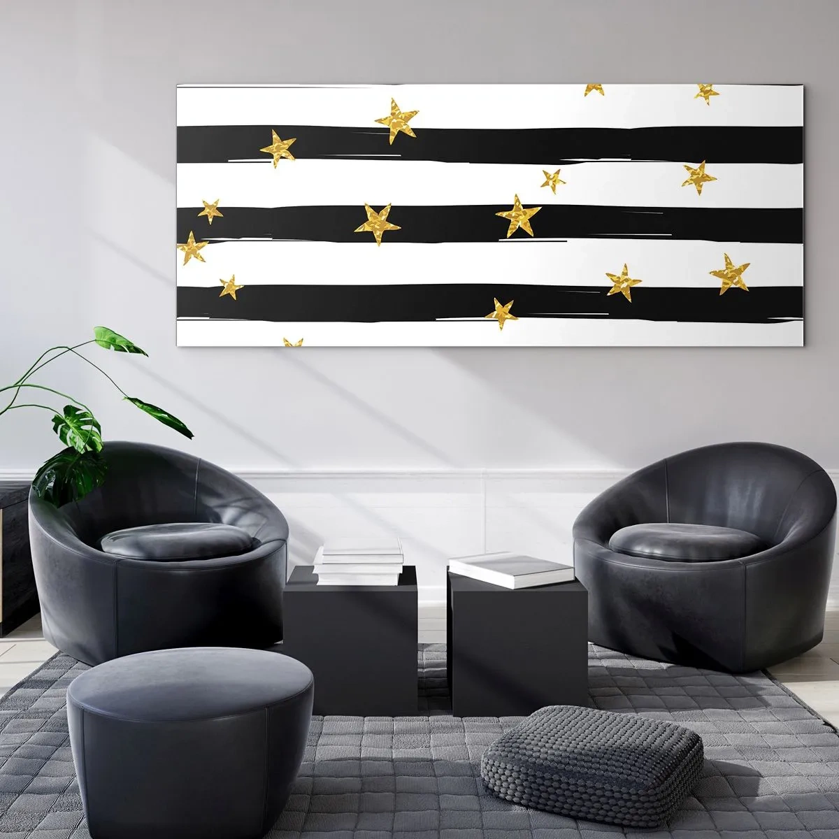 Obraz na szkle - Czarno-białe pasy z złotymi gwiazdkami - 120x50cm - Wszyscy urodziliśmy się pod szczęśliwą gwiazdą - Nowoczesna dekoracja ścienna do salonu i sypialni ARTTOR
