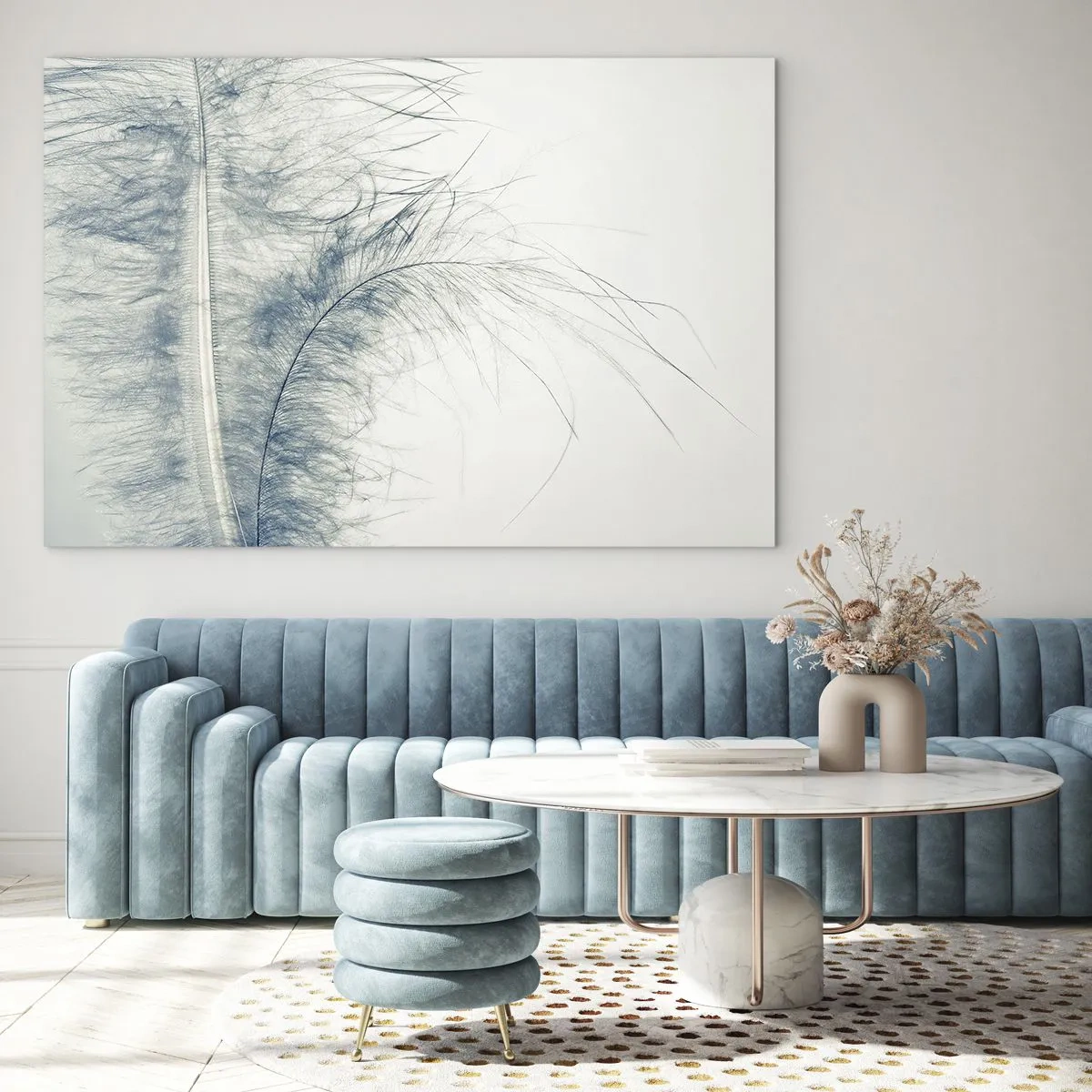Obraz na szkle - Delikatne pióro na jasnym tle w minimalistycznym stylu - 70x50cm - Szept natury - Nowoczesna dekoracja ścienna do salonu i sypialni ARTTOR