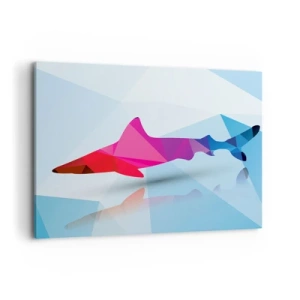Obraz na płótnie - Geometryczna sylwetka rekina w odcieniach różu i niebieskiego - 100x70cm - Rekin w krystalicznej przestrzeni - Nowoczesna dekoracja ścienna do salonu, kuchni i sypialni ARTTOR