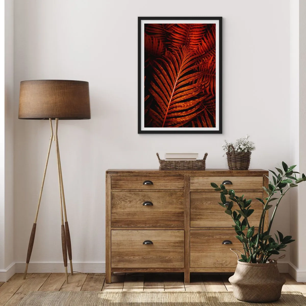 Plakat w czarnej ramie - Czerwone liście palmowe w artystycznym oświetleniu - 50x70cm - Żar życia - Nowoczesna dekoracja ścienna do salonu i sypialni ARTTOR