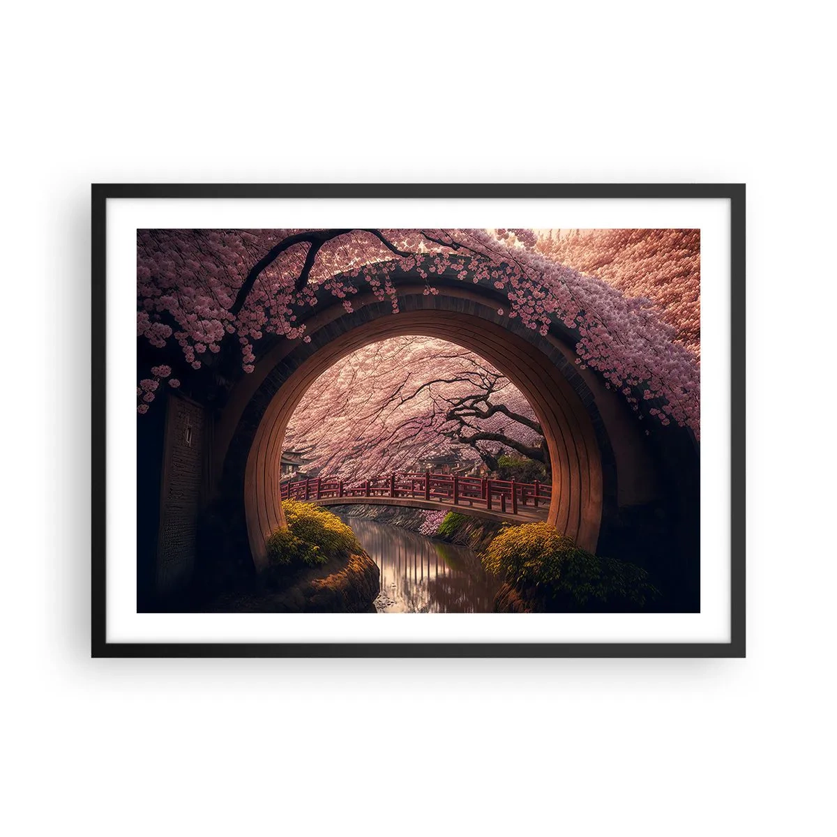 Plakat w czarnej ramie - Tradycyjny japoński most otoczony kwitnącymi wiśniami - 70x50cm - Japońska wiosna - Nowoczesna dekoracja ścienna do salonu i sypialni ARTTOR