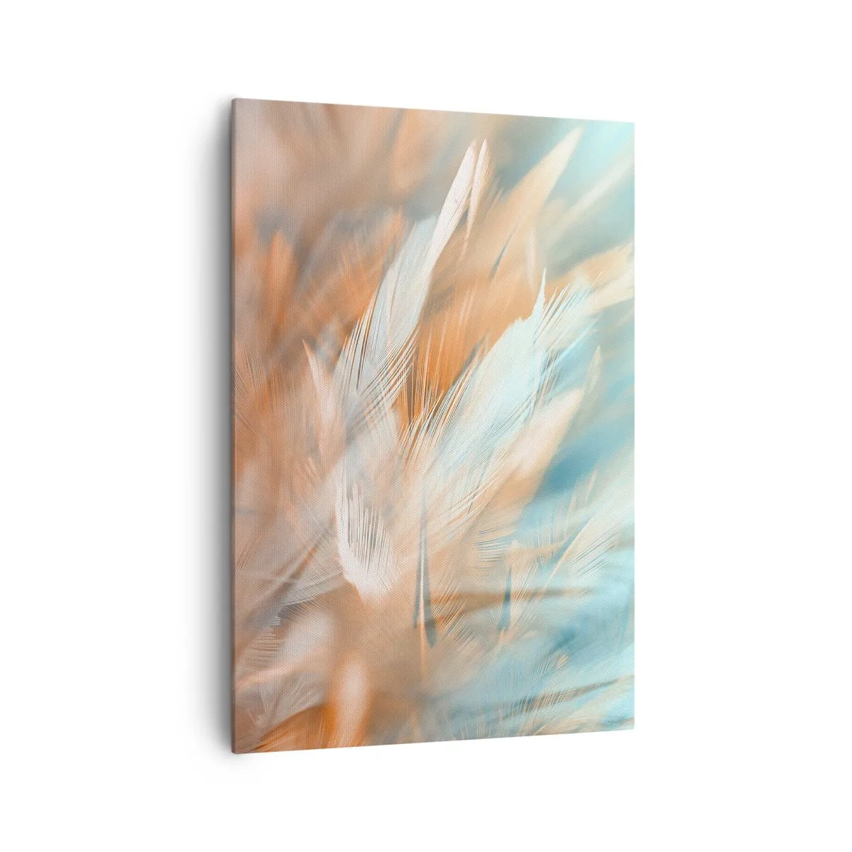 Obraz na płótnie - Delikatne pióra w pastelowych odcieniach błękitu i pomarańczu - 70x100cm - W krainie łagodności - Nowoczesna dekoracja ścienna do salonu i sypialni ARTTOR