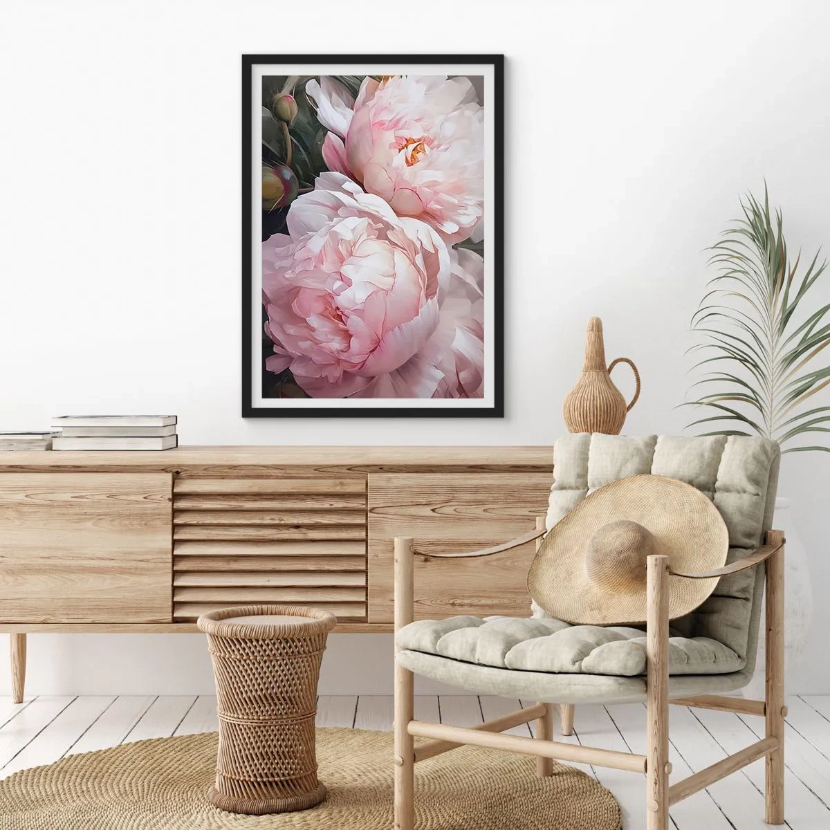 Plakat w czarnej ramie - Delikatne piwonie w pastelowych odcieniach różu i bieli - 50x70cm - Zatrzymane w rozkwicie - Nowoczesna dekoracja ścienna do salonu i sypialni ARTTOR