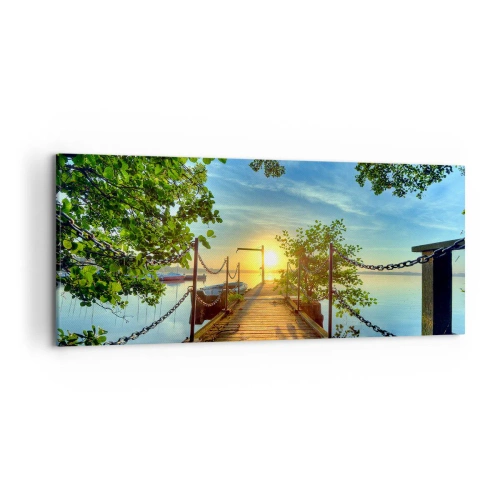 Obraz na płótnie - Pomost nad jeziorem w promieniach zachodu słońca - 120x50cm - Zachód nad wodą - Nowoczesna dekoracja ścienna do salonu i sypialni ARTTOR