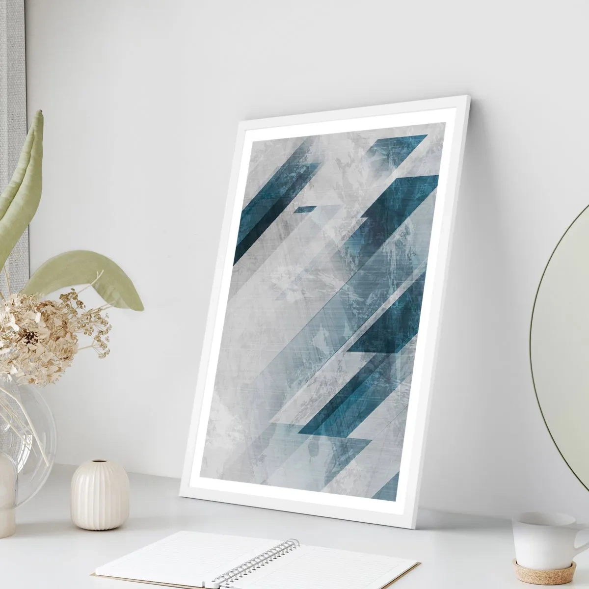 Plakat w białej ramie - Kompozycja przestrzenna – ruch szarości - 50x70 cm