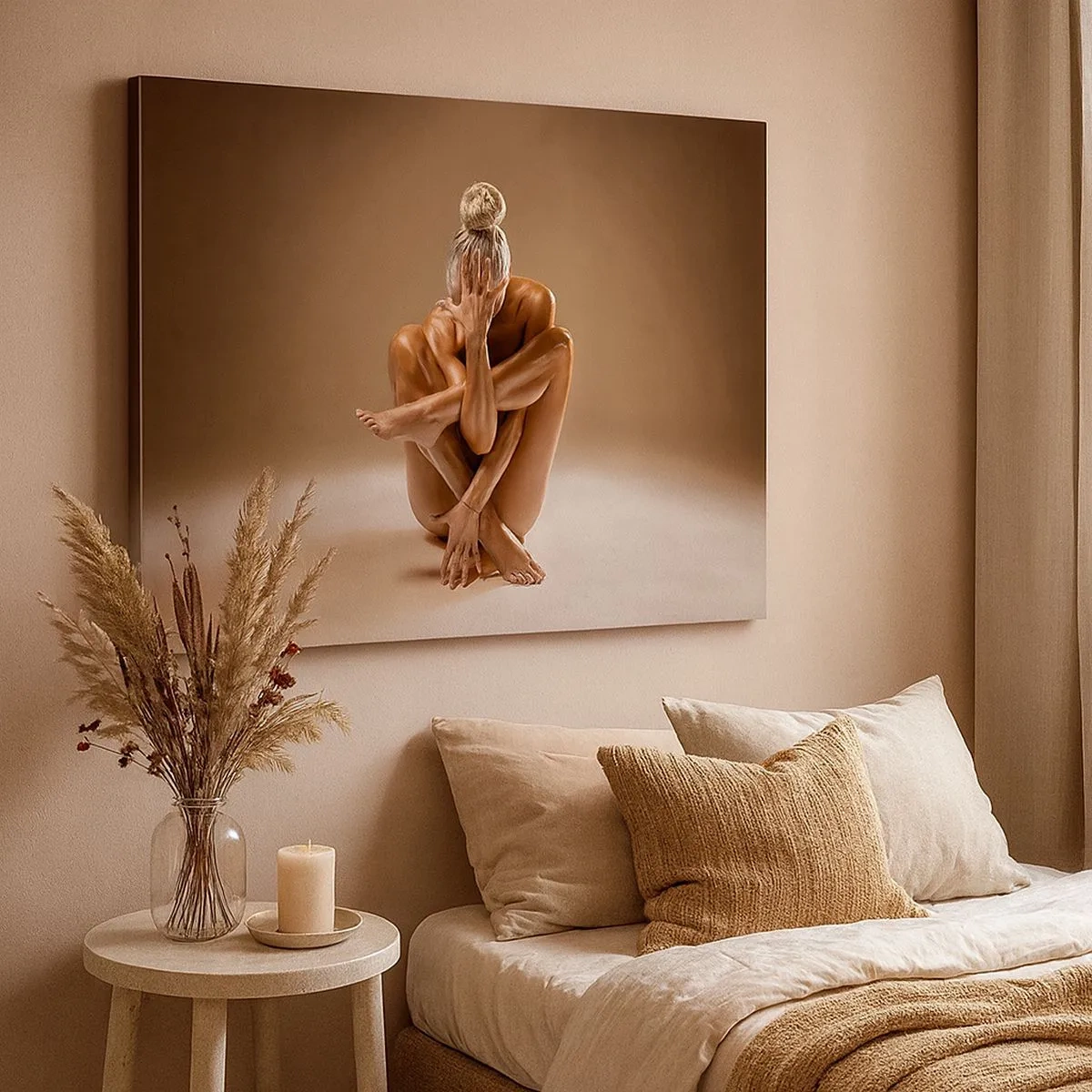 Obraz na płótnie - Artystyczna sylwetka kobiety na beżowym tle - 70x50cm - Jedność ciała i ducha - Nowoczesna dekoracja ścienna do salonu i sypialni ARTTOR