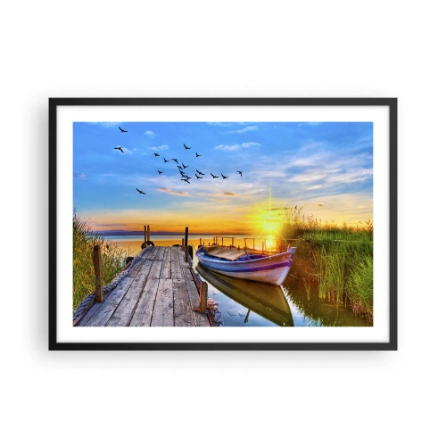 Plakat w czarnej ramie - Łódka przy drewnianym pomoście o zachodzie słońca - 70x50cm - Do widzenia, do jutra - Nowoczesna dekoracja ścienna do salonu i sypialni ARTTOR