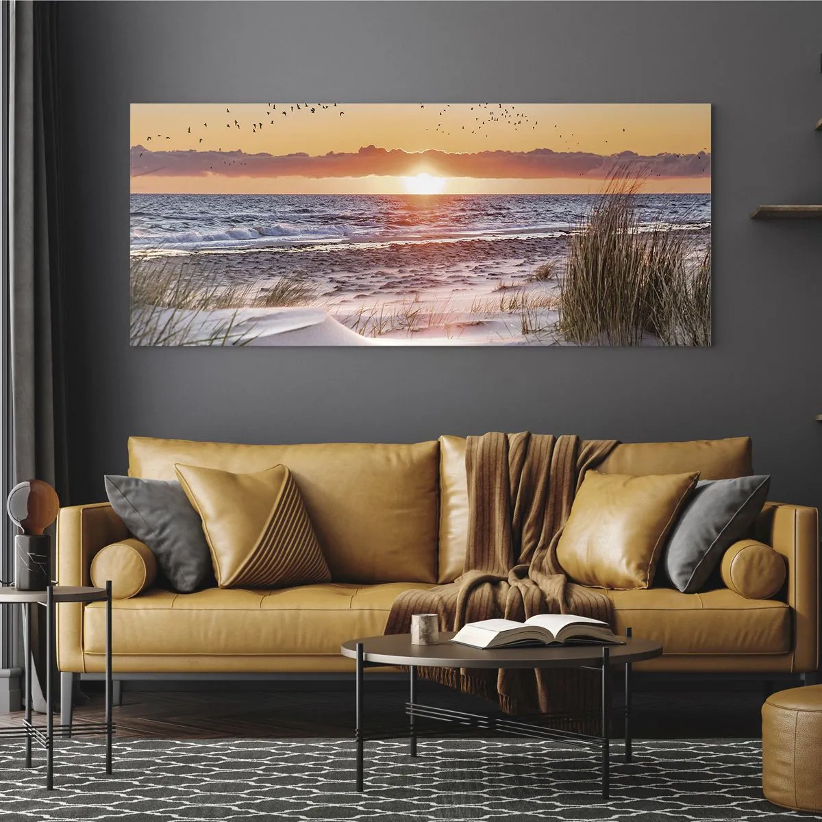 Obraz na szkle - Zachód słońca nad morzem z widokiem na wydmy - 120x50cm - Pejzaż horyzontalny - Nowoczesna dekoracja ścienna do salonu i sypialni ARTTOR