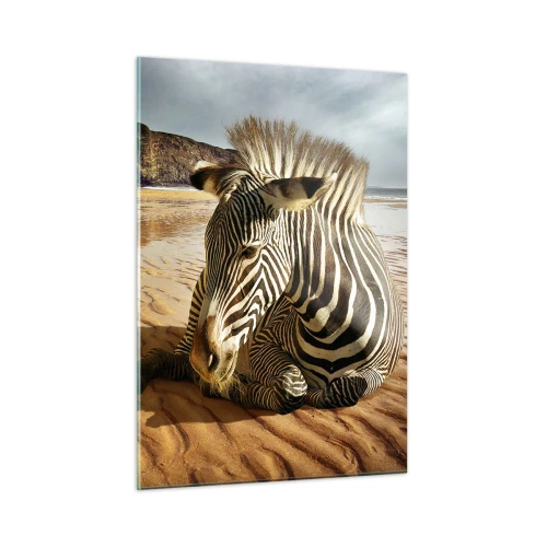 Obraz na szkle - Zebra odpoczywająca na plaży o zachodzie słońca - 50x70cm - Pasujemy do siebie - Nowoczesna dekoracja ścienna do salonu, kuchni i sypialni ARTTOR