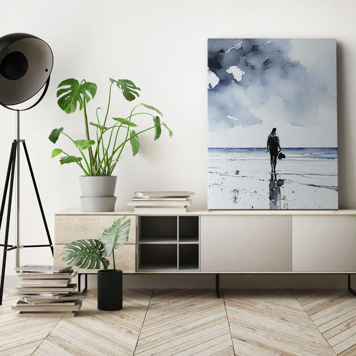 Obraz na płótnie - Akwarelowy obraz przedstawiający samotną postać spacerującą po plaży pod pochmurnym niebem - 50x70cm - Rozmowa z morzem - Nowoczesna dekoracja ścienna do salonu, kuchni i sypialni ARTTOR