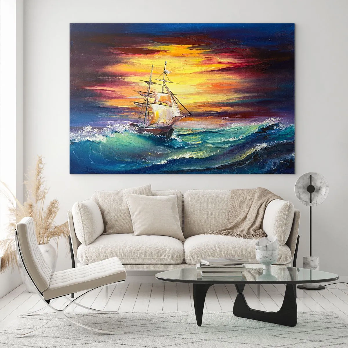 Obraz na szkle - Statek na wzburzonym morzu o zachodzie słońca - 70x50cm - Dzielnie pod fale - Nowoczesna dekoracja ścienna do salonu i sypialni ARTTOR