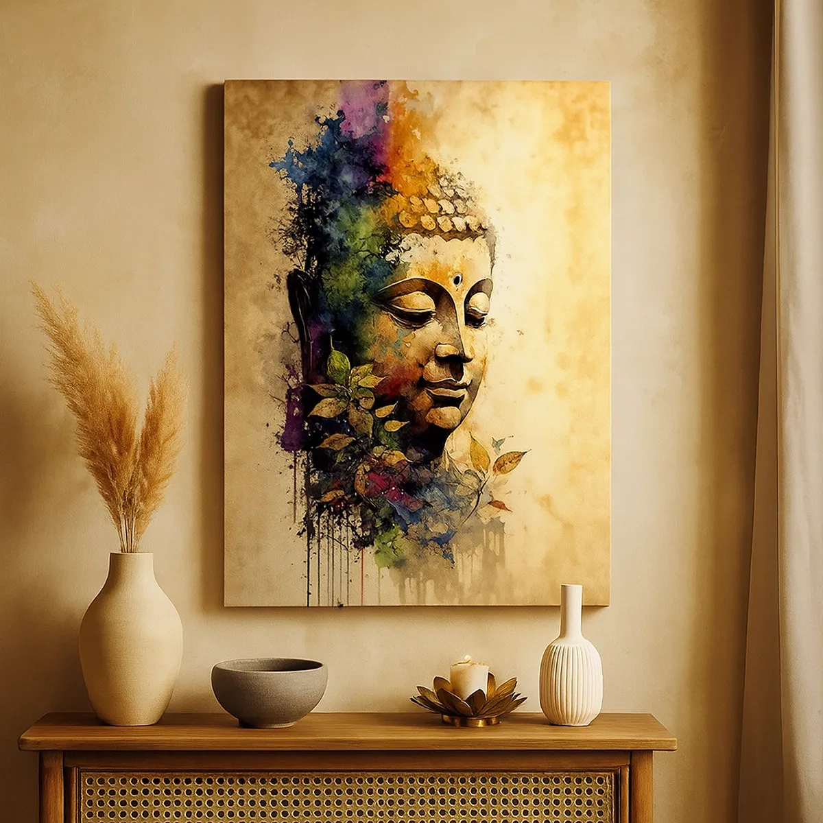 Obraz na płótnie - Kolorowy portret Buddy w stylu akwarelowym z duchowym klimatem - 50x70cm - Namaste! - Nowoczesna dekoracja ścienna do salonu, kuchni i sypialni ARTTOR