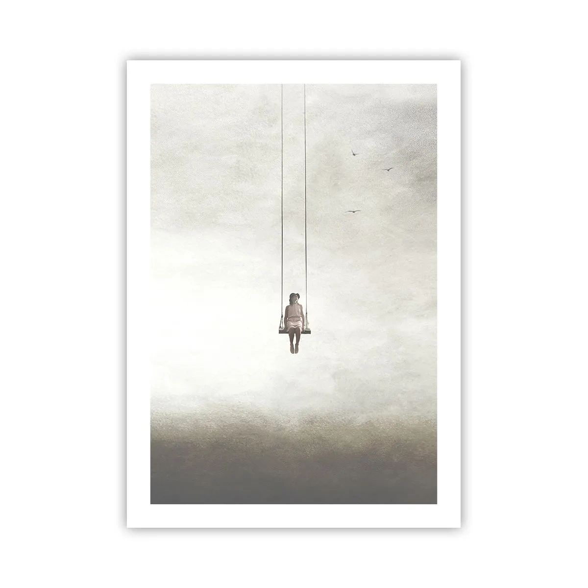 Plakat - Postać na huśtawce zawieszonej w przestrzeni - 50x70cm - Dziecko w nas - Nowoczesna dekoracja ścienna do salonu, kuchni i sypialni ARTTOR