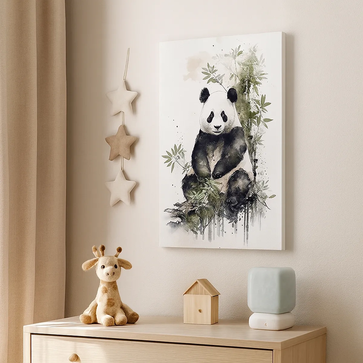 Obraz na płótnie - Urocza panda siedząca wśród bambusowych liści w akwarelowym stylu - 50x70cm - Pozdrowienia z Chin - Nowoczesna dekoracja ścienna do salonu, kuchni i sypialni ARTTOR