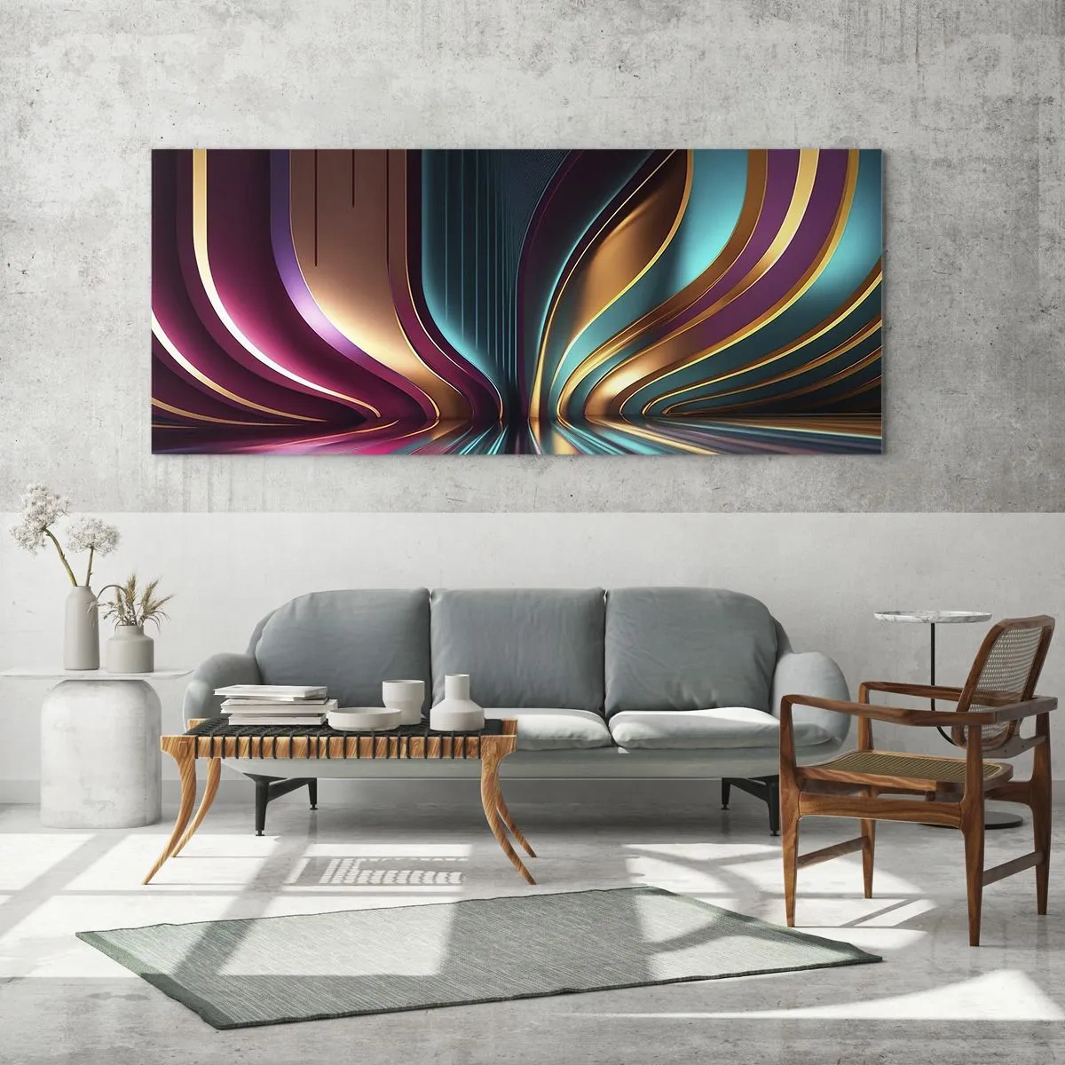 Obraz na szkle - Futurystyczna abstrakcja z intensywnymi kolorami i krzywiznami - 120x50cm - Architektura światła - Nowoczesna dekoracja ścienna do salonu i sypialni ARTTOR