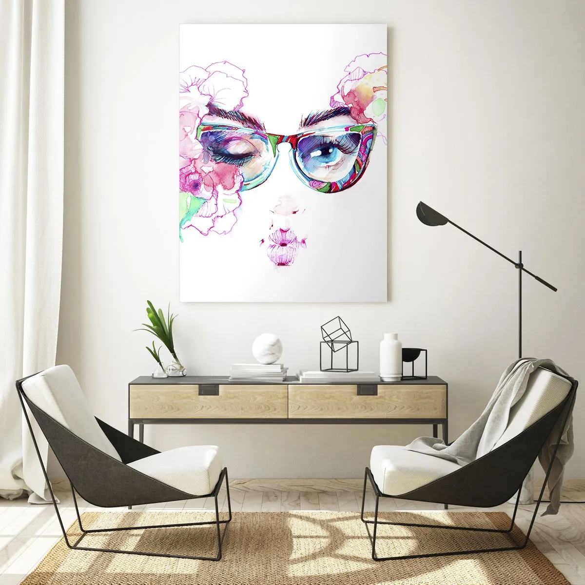 Obraz na szkle - Akwarelowa twarz z kolorowymi okularami i kwiatami - 70x100cm - Kusząca obietnica - Nowoczesna dekoracja ścienna do salonu i sypialni ARTTOR