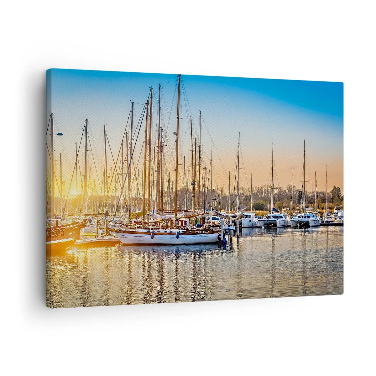 Obraz na płótnie - Zachód słońca nad mariną pełną żaglówek - 70x50cm - Wiatr też musi spać - Nowoczesna dekoracja ścienna do salonu i sypialni ARTTOR